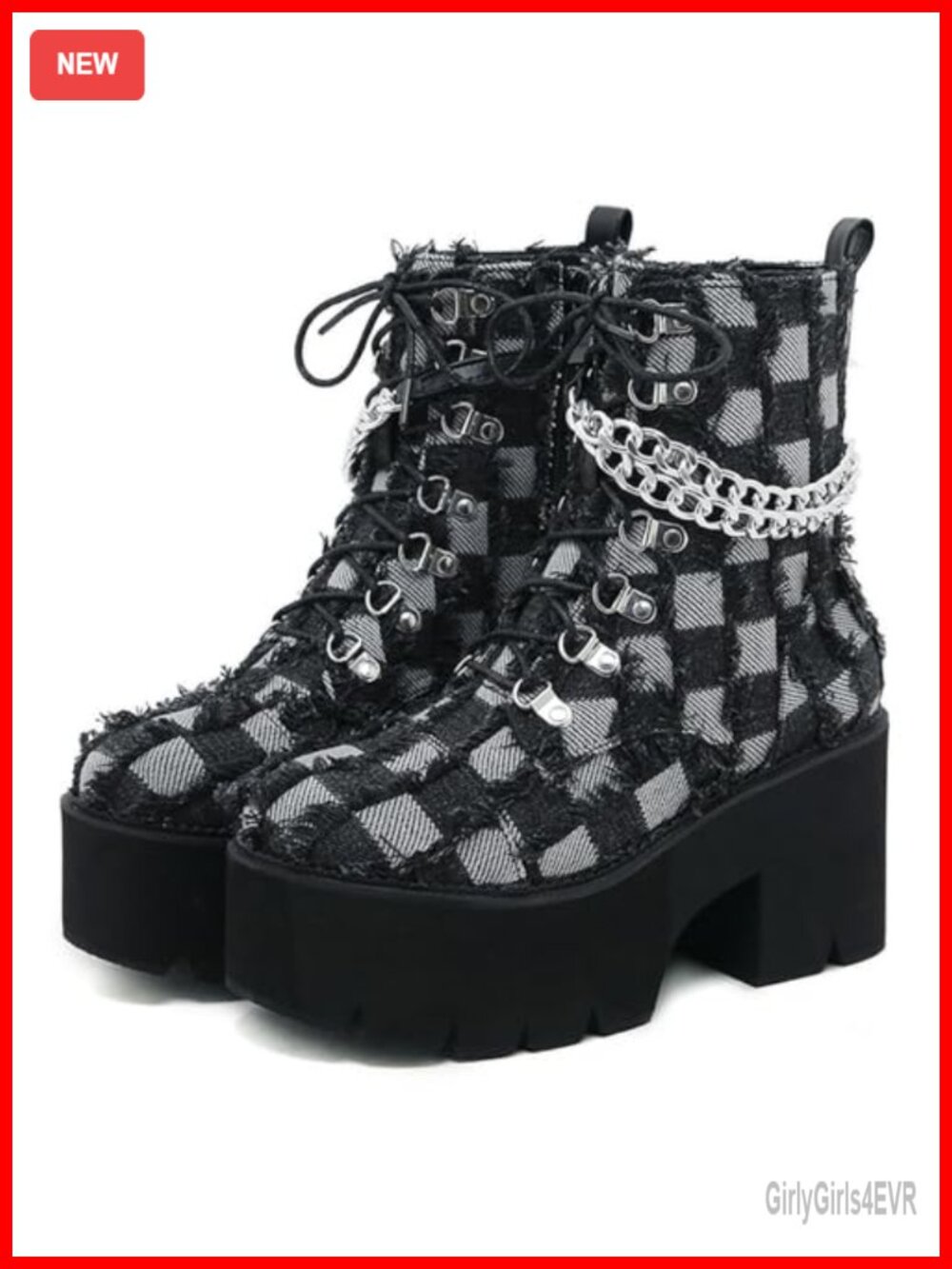 Women's Lace Up Chunky Heel Platform Combat Booties Chain Decor Lug Sole Side